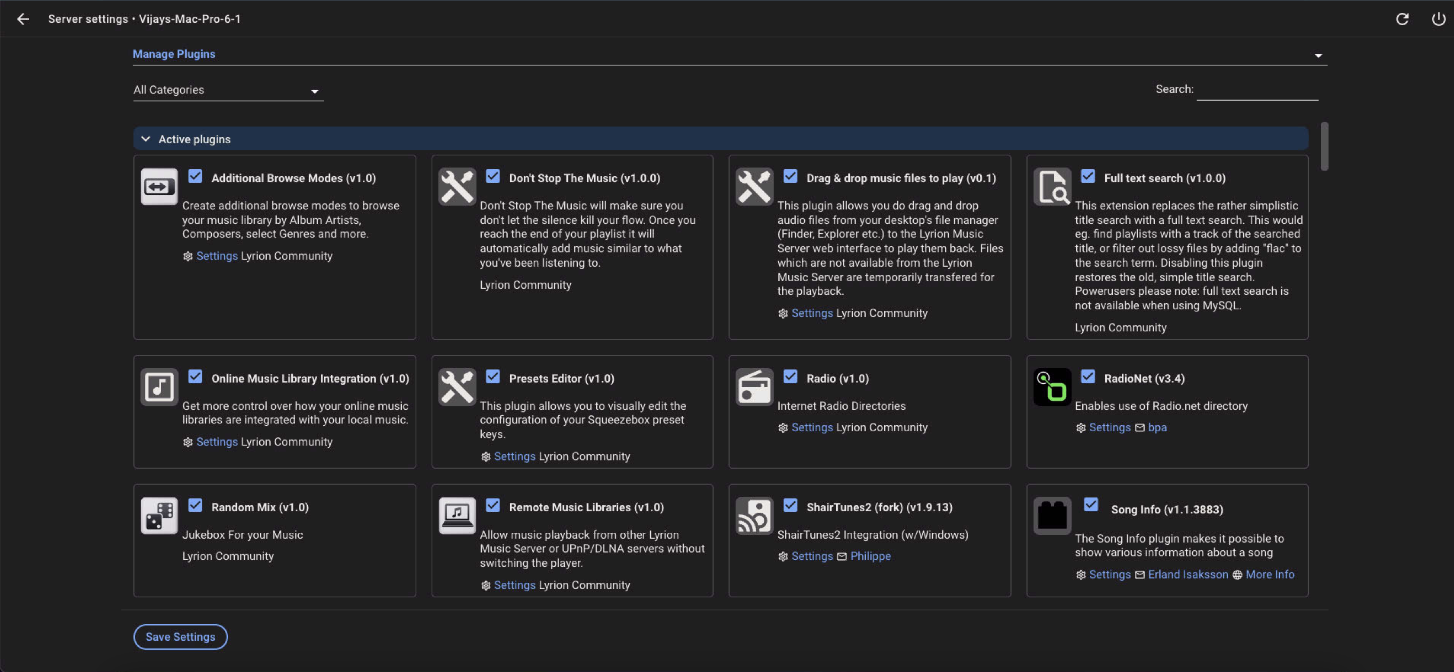 LMS plugin manager showing installed streaming service plugins