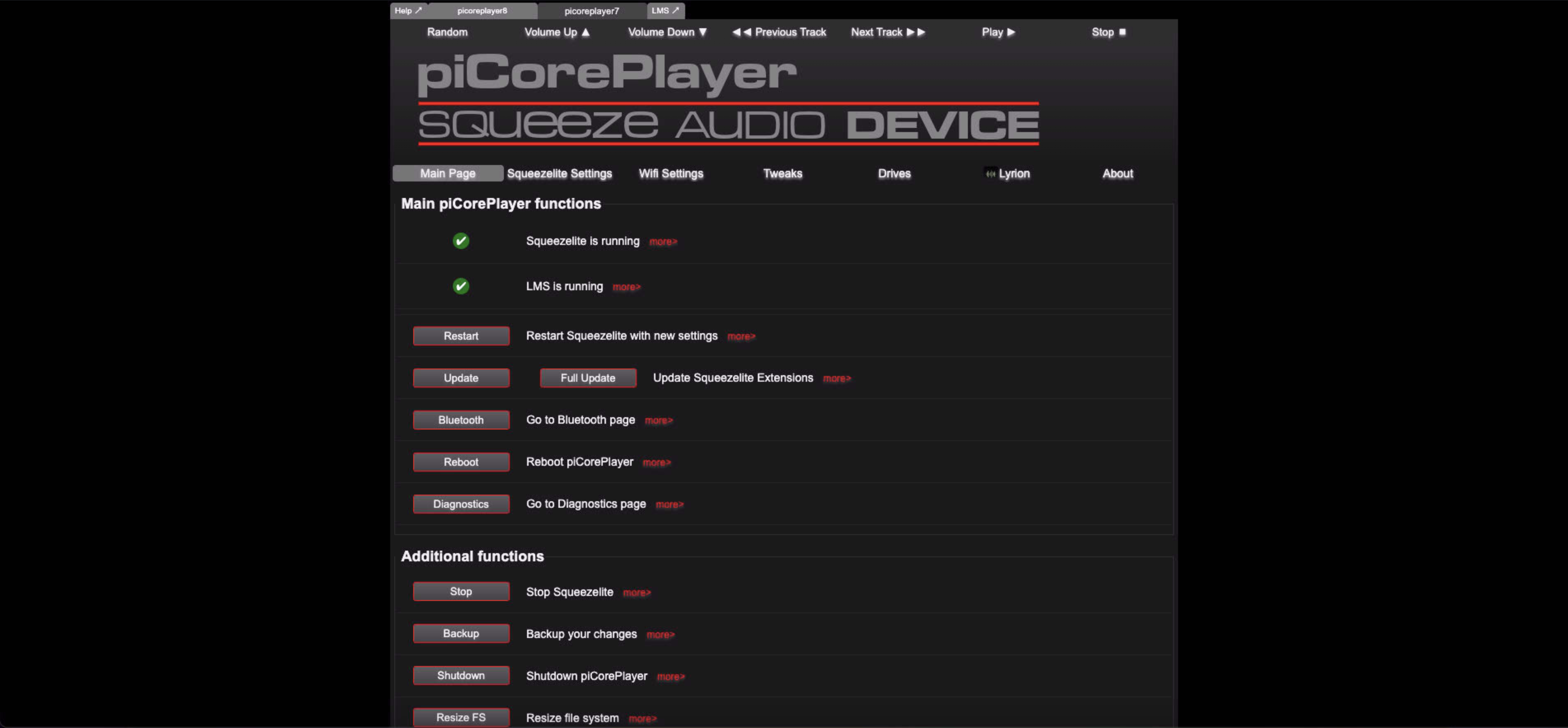 PiCorePlayer main web interface showing player settings
